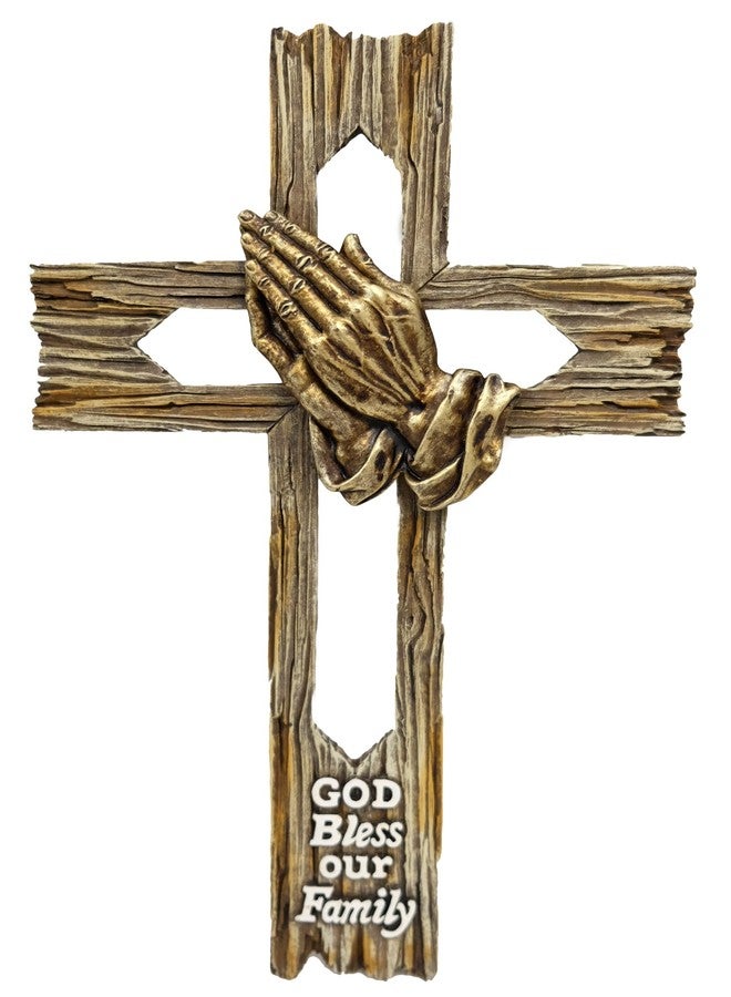 De Leon Collections Polyresin Hollowed God Bless Our Family Praying Hands Faux Wood Accent Hanging Wall Cross