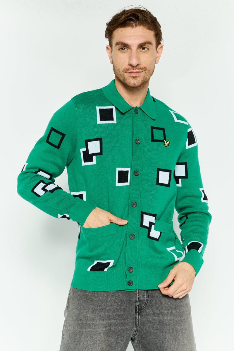 Lyle & Scott كارديجان رجالي بأكمام طويلة وياقة منتشرة، مزخرف بالكامل، أخضر - Image 1