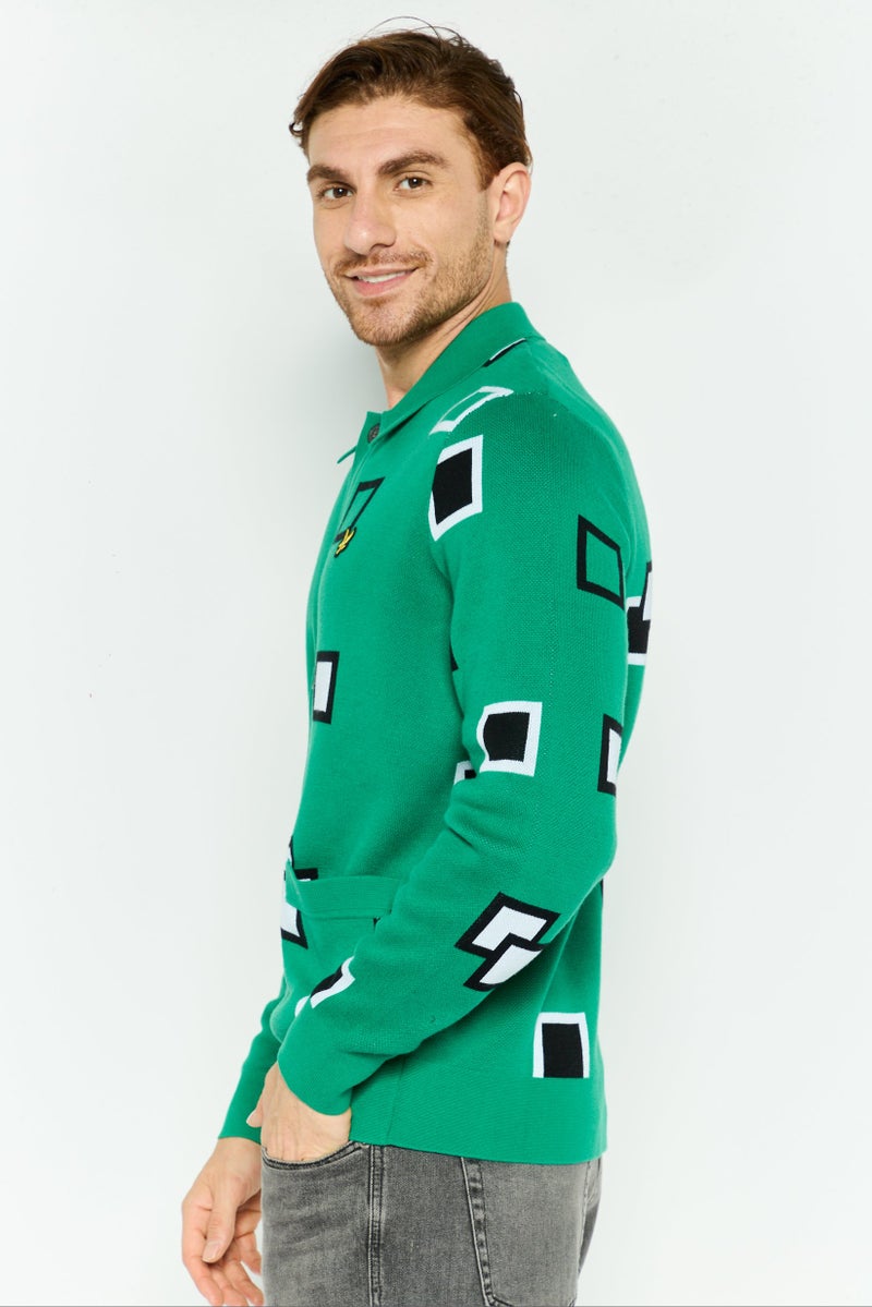 Lyle & Scott كارديجان رجالي بأكمام طويلة وياقة منتشرة، مزخرف بالكامل، أخضر - Image 3