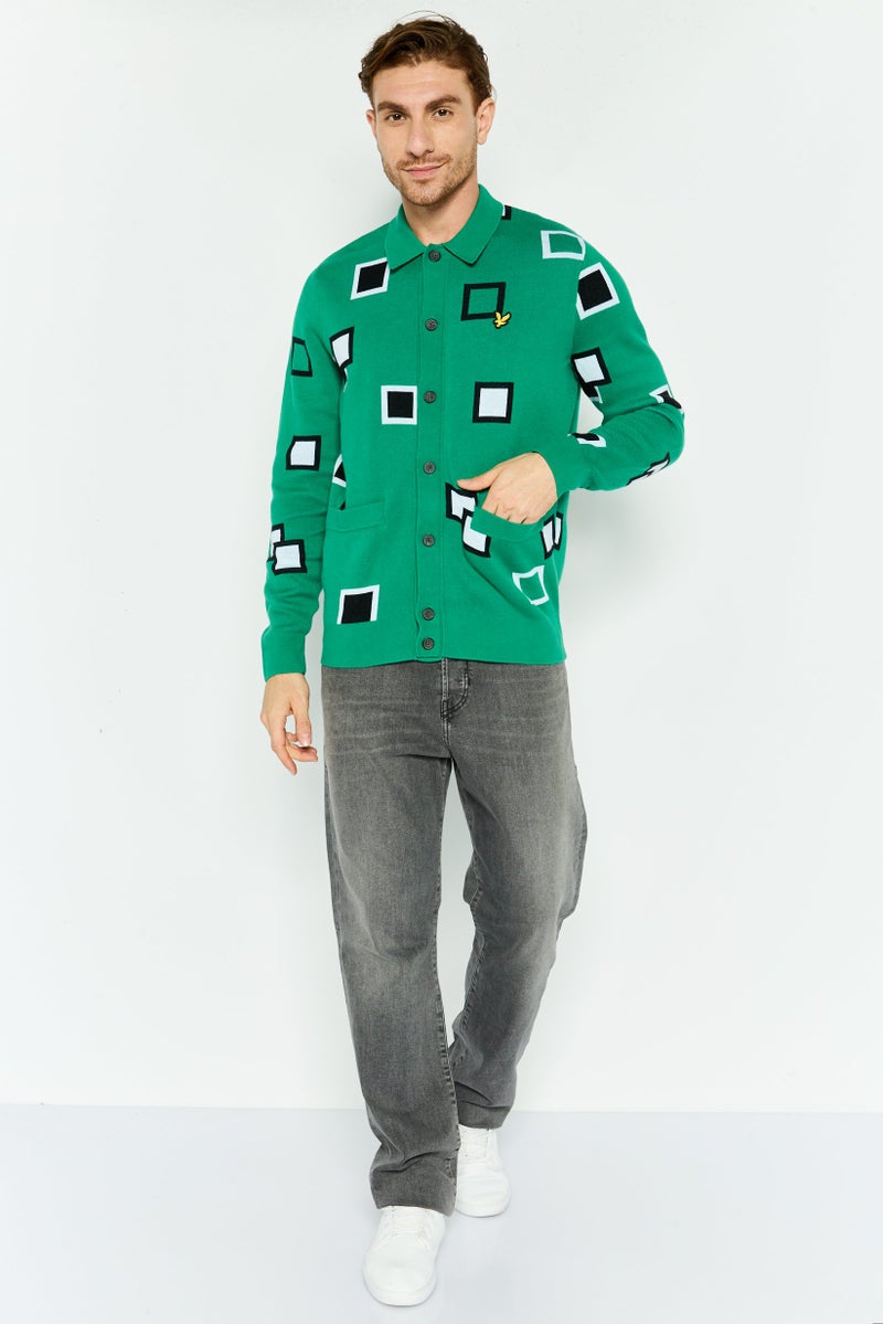 Lyle & Scott كارديجان رجالي بأكمام طويلة وياقة منتشرة، مزخرف بالكامل، أخضر - Image 2