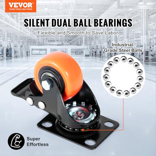 VEVOR Caster Wheels, 2-inch Swivel Plate Casters, Set of 4, with Security Dual Locking No Noise PVC Wheels for Cart Furniture Workbench, Heavy Duty 150 lbs Load Capacity Per Caster - Image 2