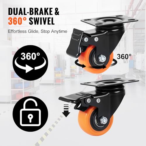 VEVOR Caster Wheels, 2-inch Swivel Plate Casters, Set of 4, with Security Dual Locking No Noise PVC Wheels for Cart Furniture Workbench, Heavy Duty 150 lbs Load Capacity Per Caster - Image 3