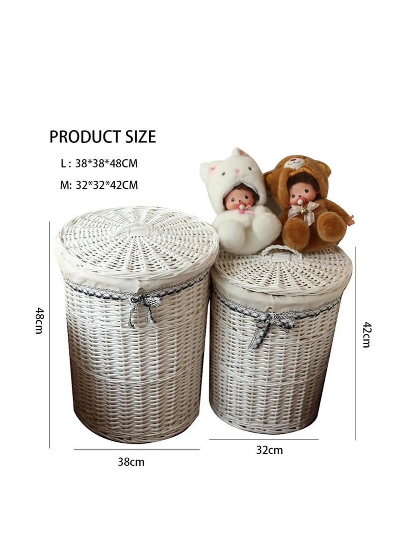 CityRiya-Long - 2 Pack Rattan Laundry Basket Household Dirty Clothes Hamper Round Wicker Storage Basket with Lining and Lid (A-Brown) - Image 1