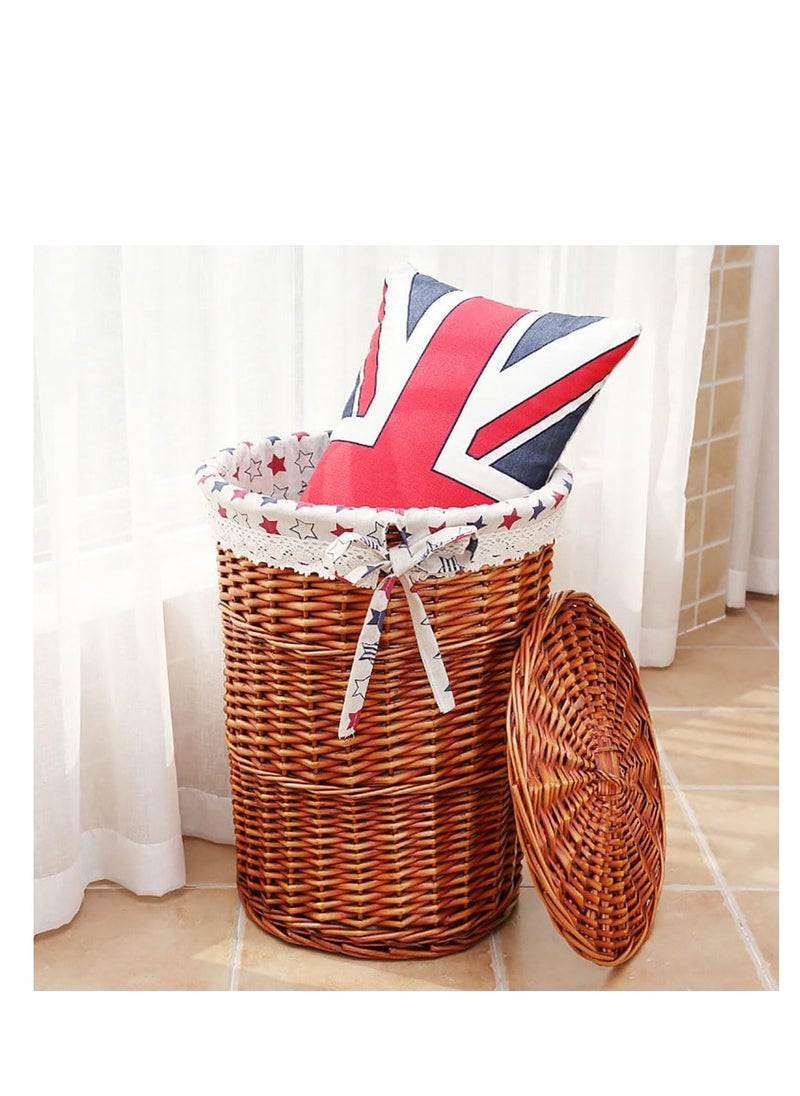 CityRiya-Long - 2 Pack Rattan Laundry Basket Household Dirty Clothes Hamper Round Wicker Storage Basket with Lining and Lid (A-Brown) - Image 1