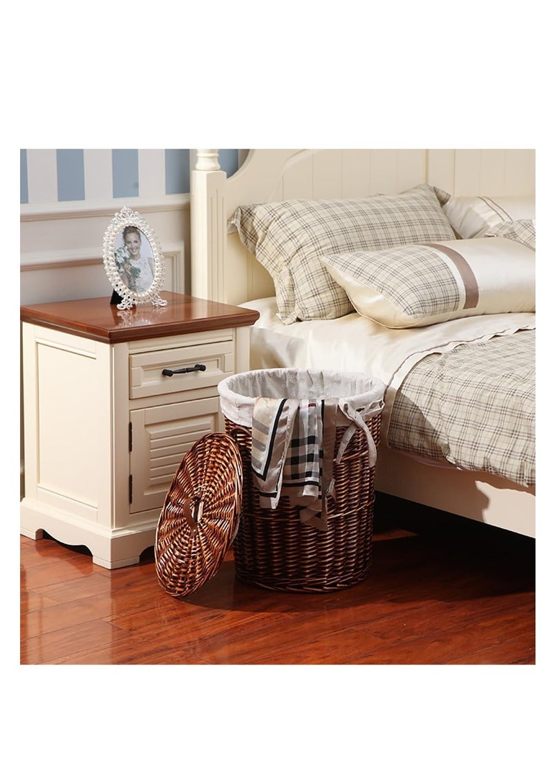 CityRiya-Long - 2 Pack Rattan Laundry Basket Household Dirty Clothes Hamper Round Wicker Storage Basket with Lining and Lid (A-Brown) - Image 1