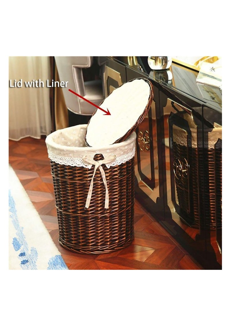 CityRiya-Long - 2 Pack Rattan Laundry Basket Household Dirty Clothes Hamper Round Wicker Storage Basket with Lining and Lid (A-Brown) - Image 1