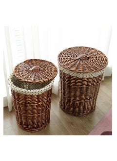 2 Pack Rattan Laundry Basket Household Dirty Clothes Hamper Round Wicker Storage Basket with Lining and Lid (A-Brown)