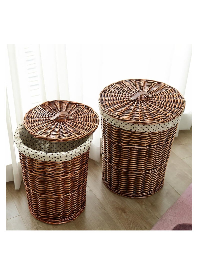 CityRiya-Long - 2 Pack Rattan Laundry Basket Household Dirty Clothes Hamper Round Wicker Storage Basket with Lining and Lid (A-Brown) - Image 1