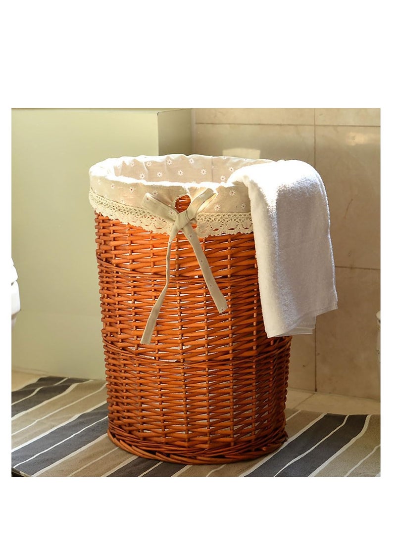 CityRiya-Long - 2 Pack Rattan Laundry Basket Household Dirty Clothes Hamper Round Wicker Storage Basket with Lining and Lid (A-Brown) - Image 1
