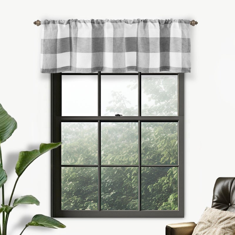 DriftAway Linen Textured Lined Valances for Windows Buffalo Check Curtain Window Valances Woven Plaid Blackout Thermal Insulated for Kitchen Living Room 1 Pack 52 x 14 Gray