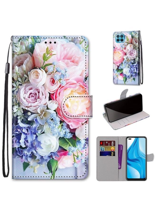 HuHa Case Cover For OPPO F17 Pro / A93 4G / Reno4 Lite / Reno4 F Coloured Drawing Cross Texture Horizontal Flip PU Leather Case with Holder & Card Slots & Wallet & Lanyard Light Pink Bouquet 