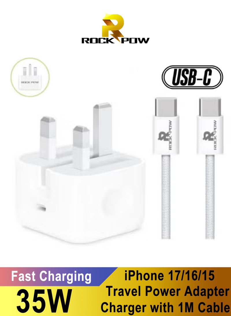 ROCK POW 35W GaN iPhone 17 16 15 Charger Fast Charging Type C Charger USB C Charger Block iPhone 16 Charger with 1M Cable for iPhone 17/Pro/Pro Max/17 Air/iPhone 16/16 Plus/16 Pro/16 Pro Max/iPhone 15/15 Pro Max/15 Plus/15 Pro/14/13/12/11/iPad Pro/AirPods Samsung Galaxy S24, S23, S22, S21, S20, Z Fold, Z Flip,Travel Power Adapter also for Huawei/Xiaomi/iPad Pro/iPad 11th/10th/iPad Air, etc - Image 1