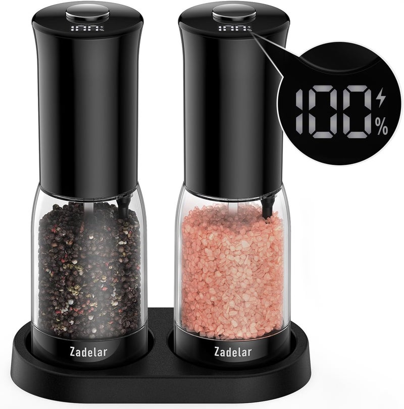 Zadelar Electric Salt and Pepper Grinder Set with LED Power Display,Larger Capacity Salt and Pepper Shakers Set Rechargeable Electric with Flexible Coarsenes,LED Light,One Hand Operation for Kitchen - Image 1
