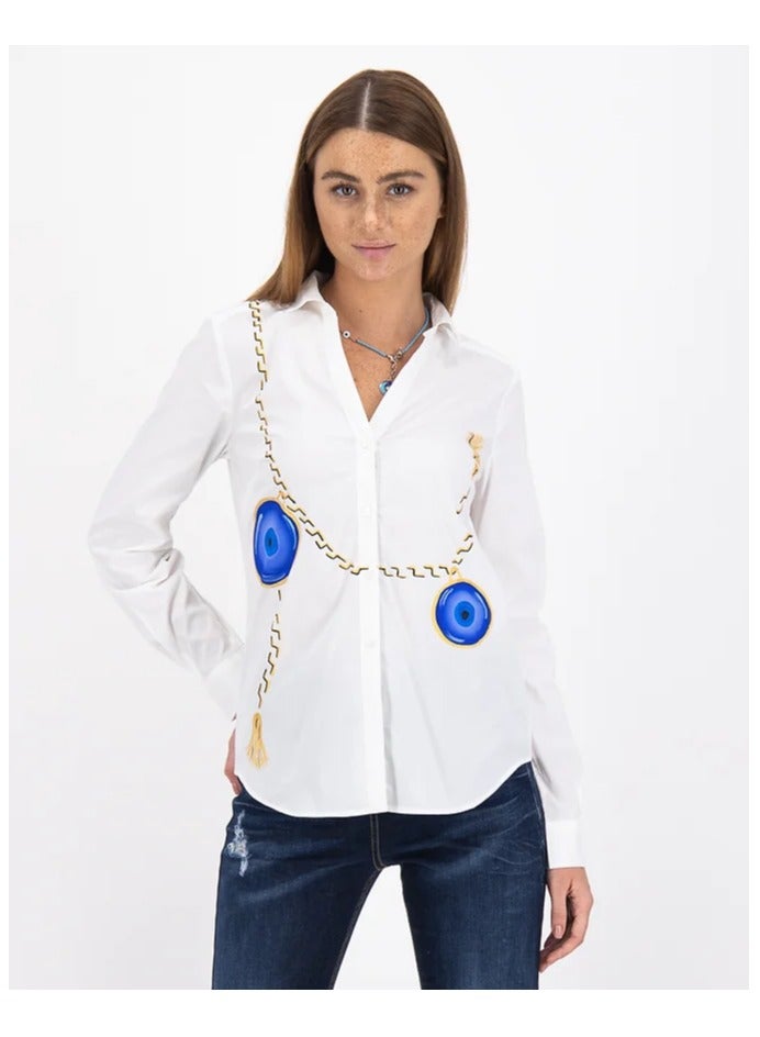Nour B Art Hand-Painted Women Shirt Long Sleeves Blue Eyes & Chain - Image 1