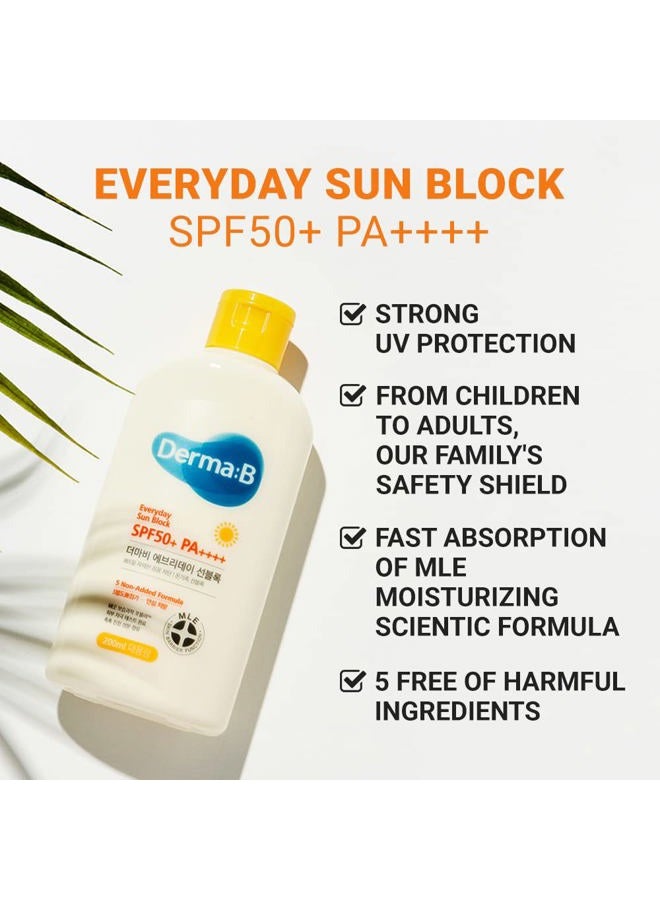 derma b Everyday Sun Block Large Size Sunscreen SPF50+ PA++++ 6.71 Fl Oz, 200ml Fast-Absorbing Lightweight SPF Moisturizer, Facial Body Non-Sticky for Dewy Skin, Korean Protection Lotion - Image 3