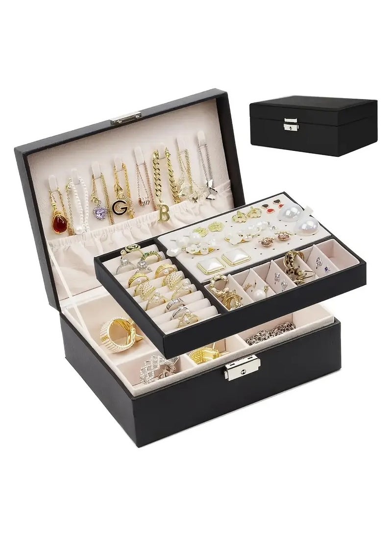 Generic Large Capacity 2-Tier Jewelry Organizer with Lock - Faux Leather, Textured Finish for Rings, Necklaces, Earrings and Accessories  - Image 1
