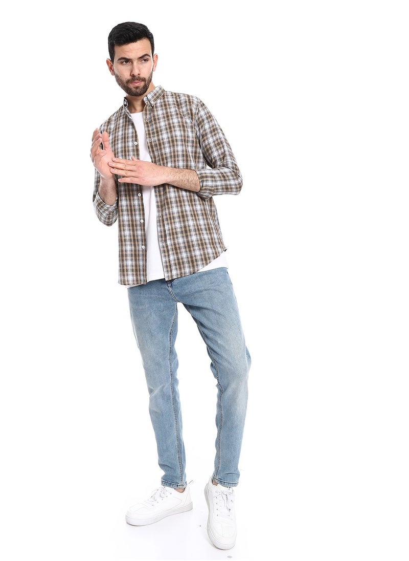 Pavone - Plaid Pattern Long Sleeves Cotton Shirt - Beige, Grey & Black - Image 1