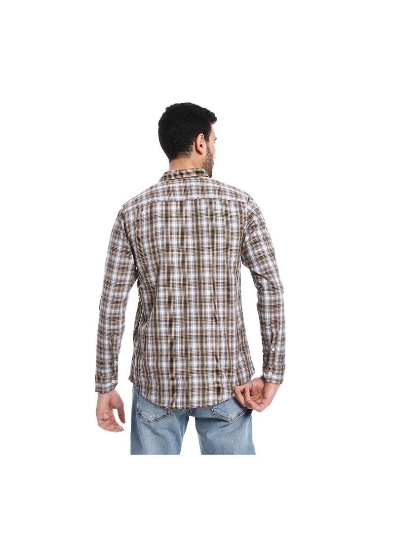Pavone - Plaid Pattern Long Sleeves Cotton Shirt - Beige, Grey & Black - Image 1
