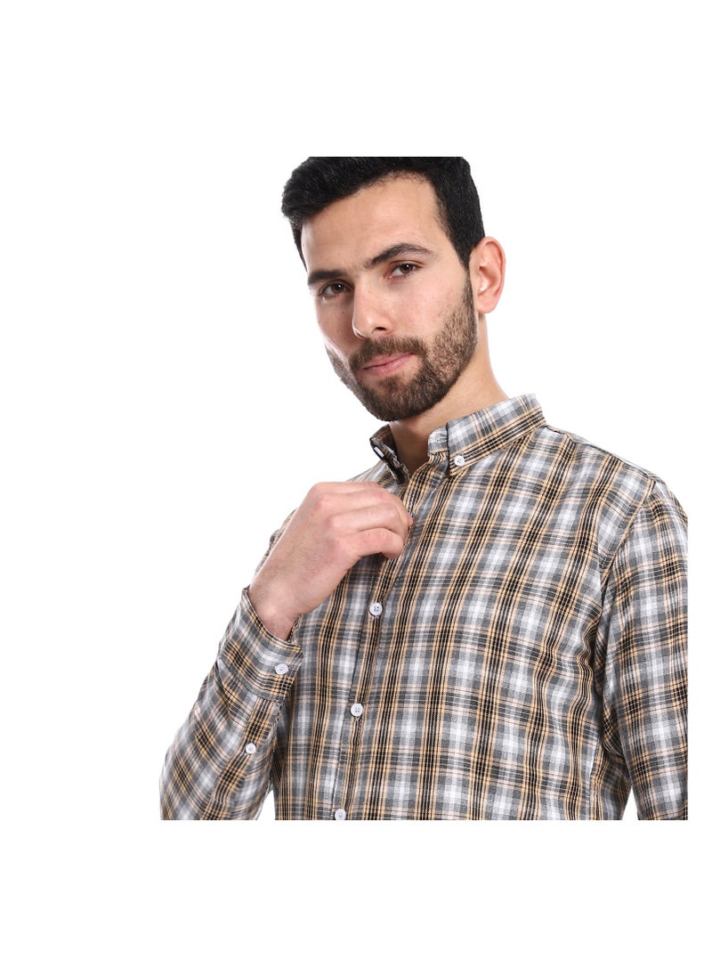 Pavone - Plaid Pattern Long Sleeves Cotton Shirt - Beige, Grey & Black - Image 1