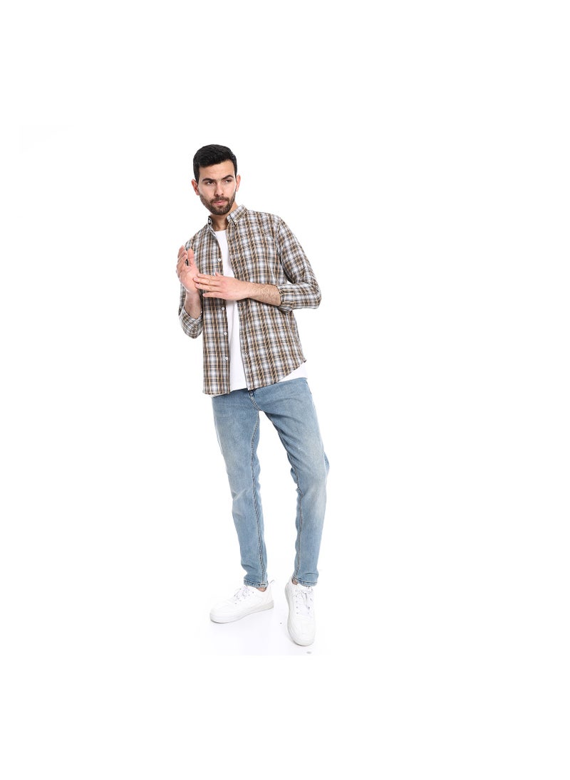Pavone - Plaid Pattern Long Sleeves Cotton Shirt - Beige, Grey & Black - Image 1