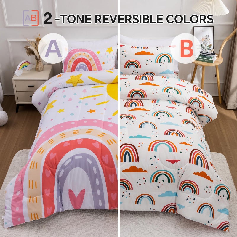 Btargot Lightweight Soft 3 Piece Rainbow Comforter Set with 2 Pillow Covers  Cartoon Love Hearts Flowers and Sun Star Bedding Set for Girls Boys Kids  Full Pink - Image 2