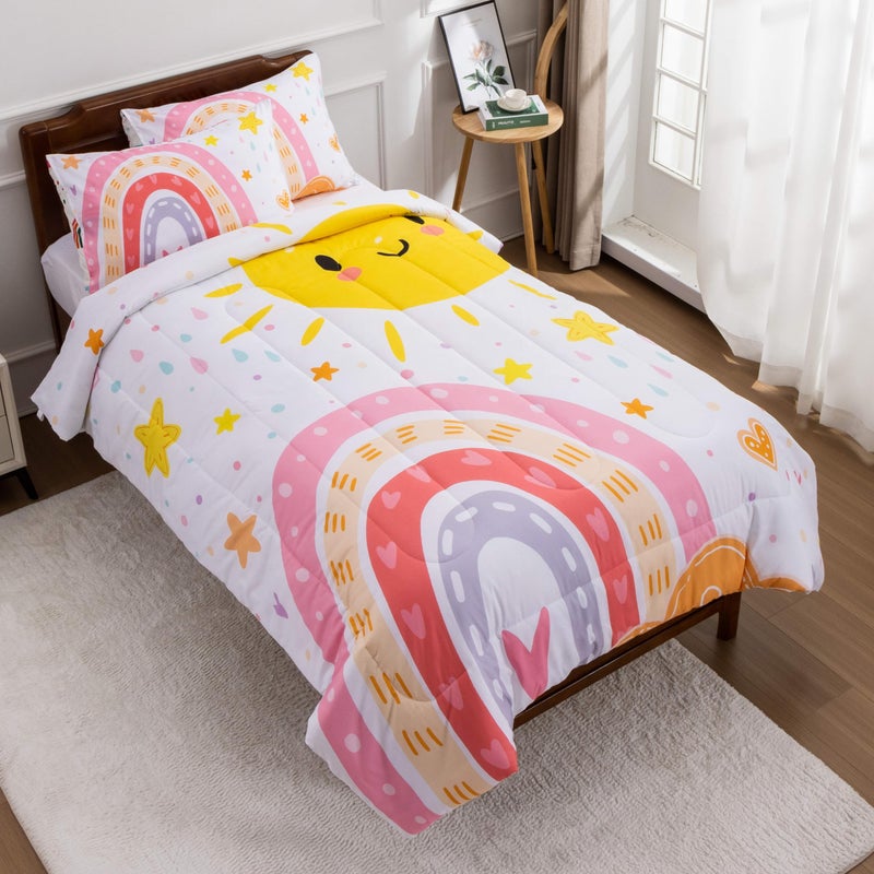 Btargot Lightweight Soft 3 Piece Rainbow Comforter Set with 2 Pillow Covers  Cartoon Love Hearts Flowers and Sun Star Bedding Set for Girls Boys Kids  Full Pink - Image 3