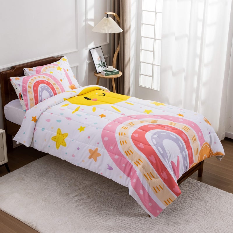Btargot Lightweight Soft 3 Piece Rainbow Comforter Set with 2 Pillow Covers  Cartoon Love Hearts Flowers and Sun Star Bedding Set for Girls Boys Kids  Full Pink - Image 4