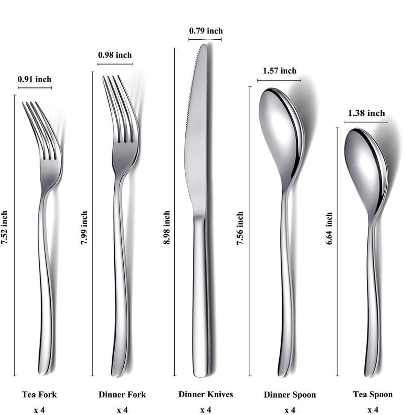 HOMQUEN Silverware Set 20 Pieces, Stainless Steel Flatware Set, Mirror Polish Cutlery Set, Utensil Sets Service Set for 4 (Silver) - Image 2