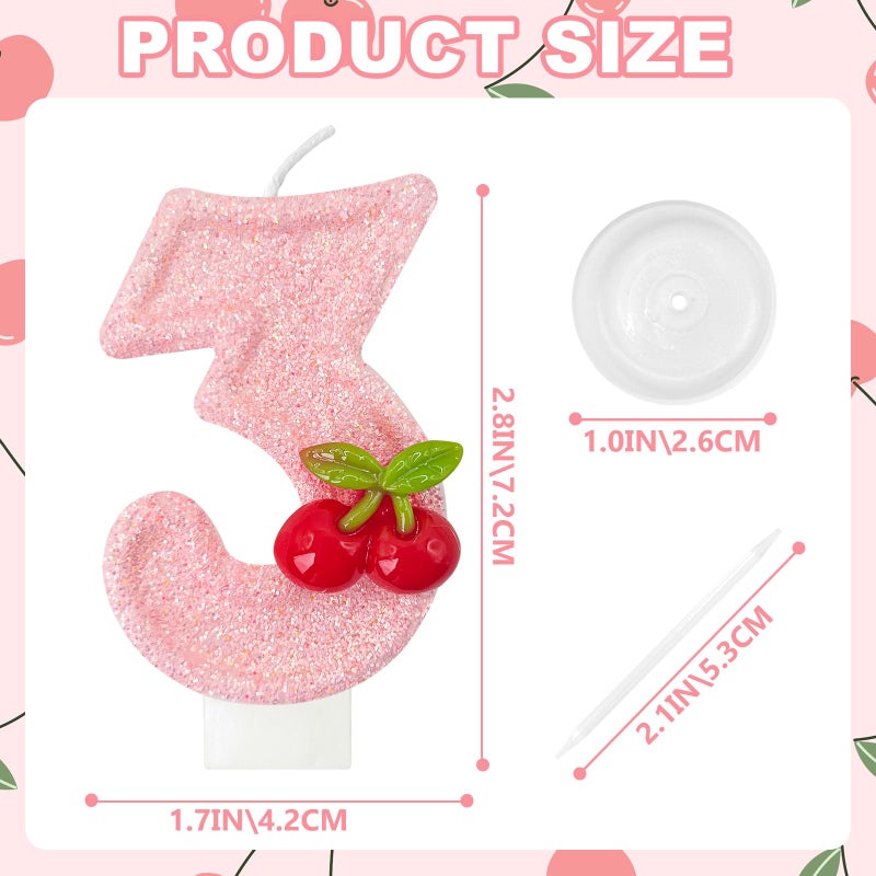 Zailo Cherry Number Birthday Cake Candles, Cherry Theme Party Decoration Supplies, Cake & Cupcake Decoration Gifts (Number 3) - Image 2