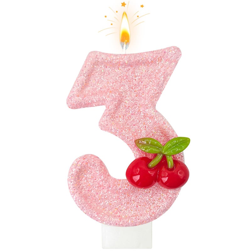 Zailo Cherry Number Birthday Cake Candles, Cherry Theme Party Decoration Supplies, Cake & Cupcake Decoration Gifts (Number 3) - Image 1