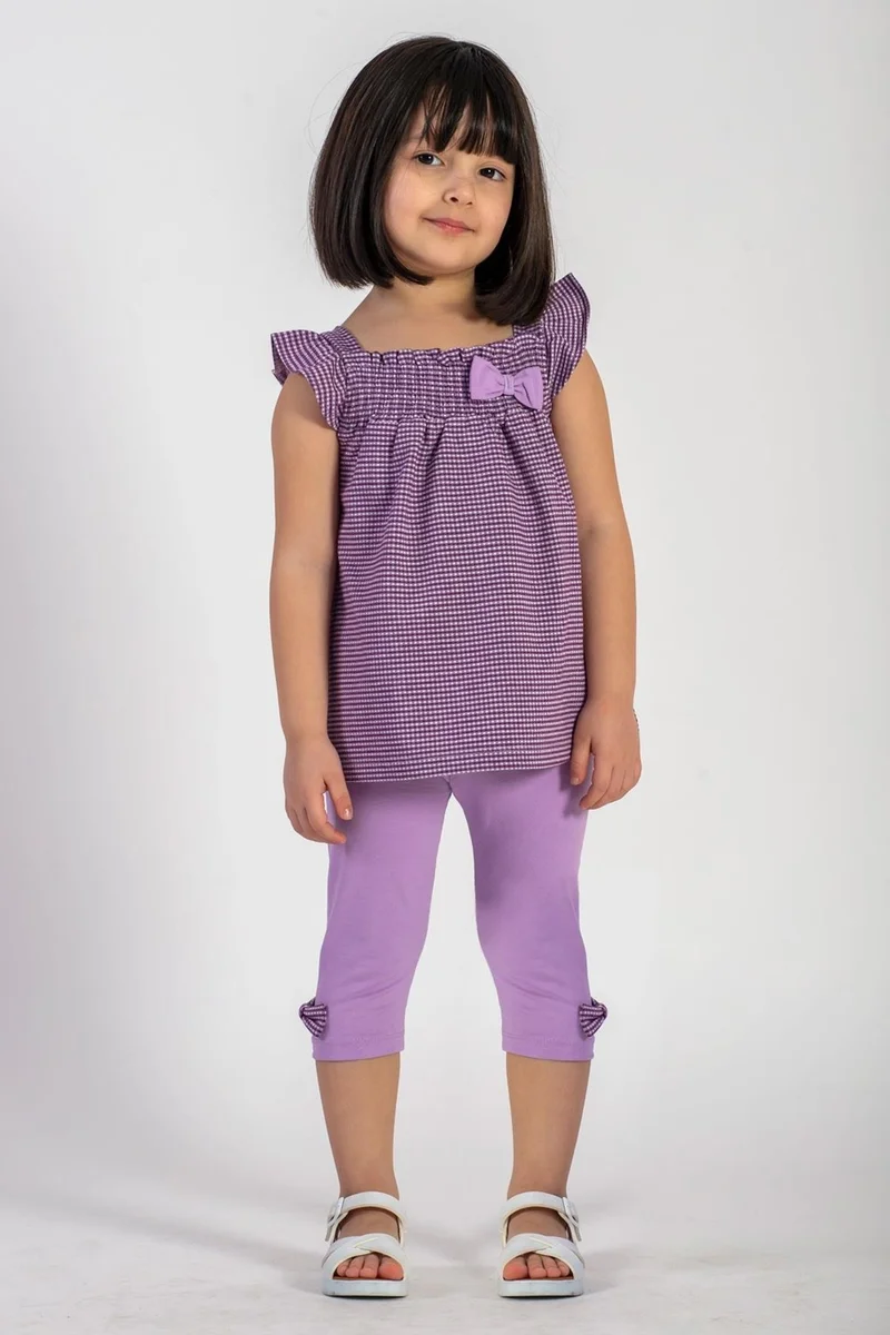 Zepkids Turtleneck Zero Sleeve Plaid Shoulder Detailed Lilac Color Girl Tights Set