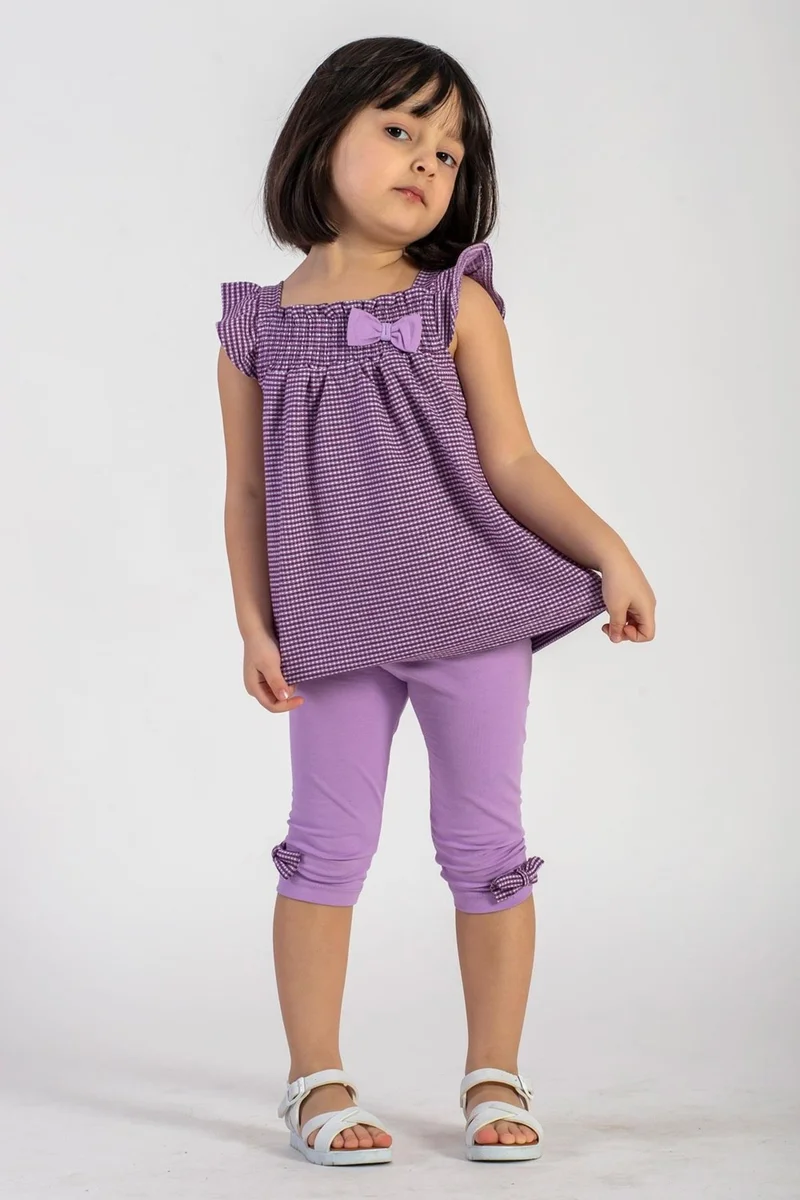 Zepkids Turtleneck Zero Sleeve Plaid Shoulder Detailed Lilac Color Girl Tights Set