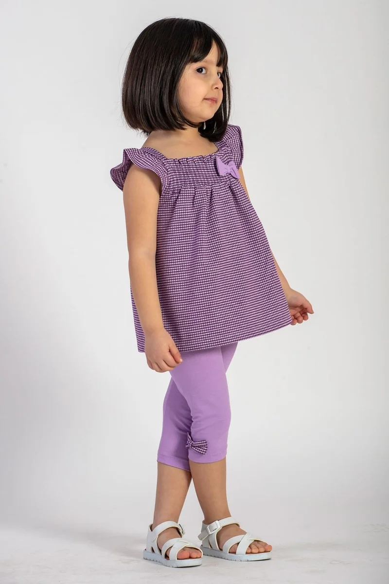 Zepkids Turtleneck Zero Sleeve Plaid Shoulder Detailed Lilac Color Girl Tights Set