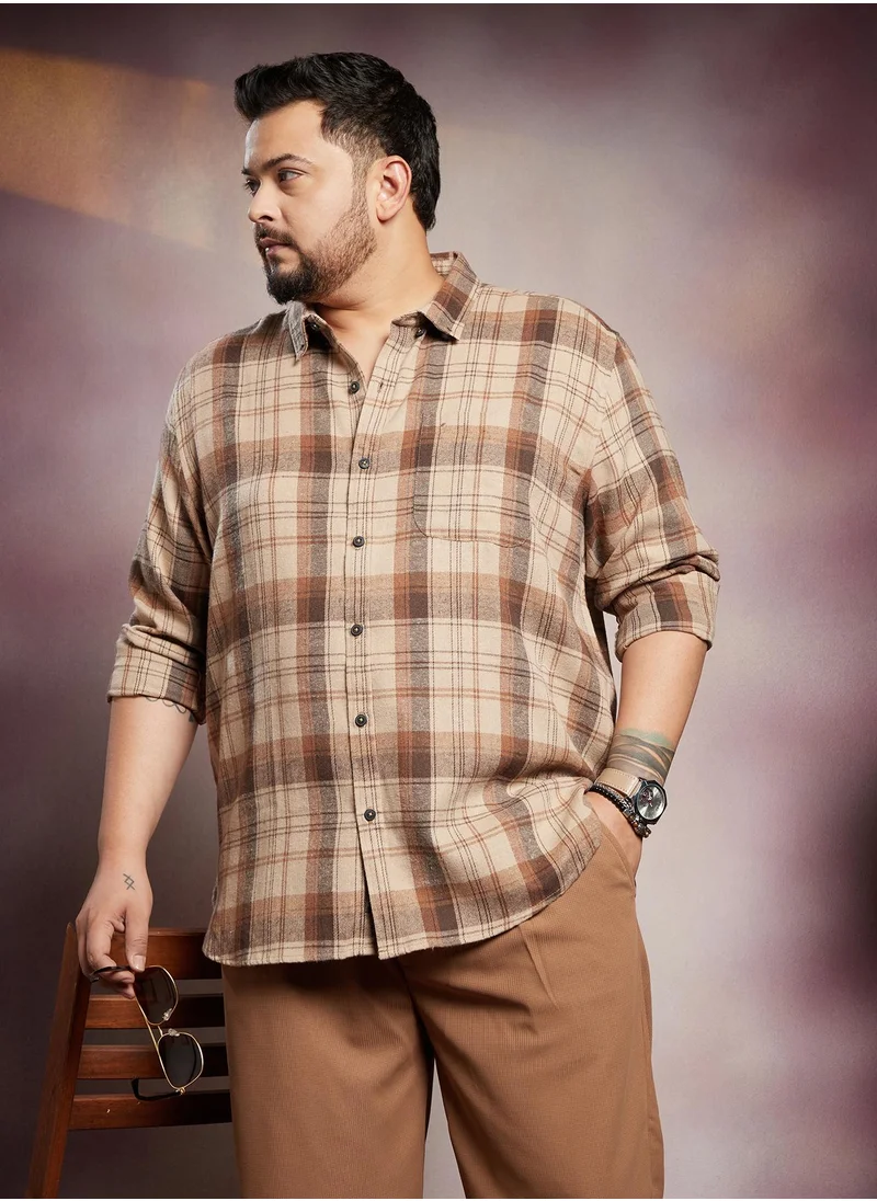 انستافاب بلس Instafab Plus Men's Ash Brown Tartan Regular Shirt For Casual Wear | Spread Collar | Long Cuffed Sleeves | Button Closure | Plus Size Shirt Crafted With Comfort Fit For Everyday Wear