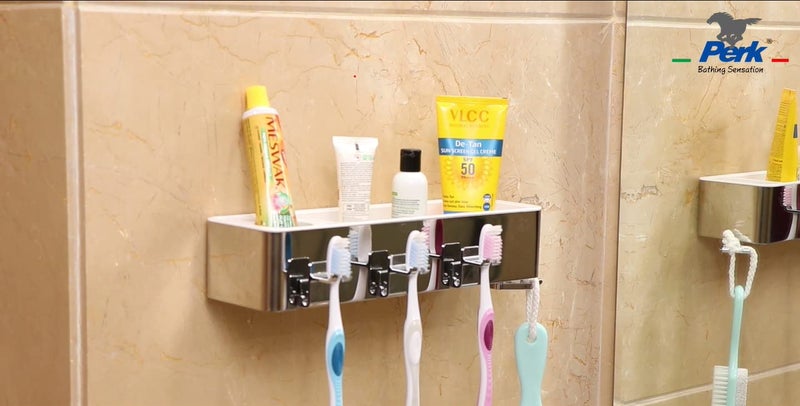 PERK P E R K Multi Function Tooth Brush Holder with Hooks ABSSS304 in New Concept Multi Purpose Series PERK Bathroom Accessories  - Image 1