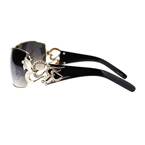 SA106 Womens Coy Metal Jewel Designer Fashion Shield Warp Sunglasses Black Gold - Image 4