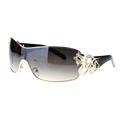 SA106 Womens Coy Metal Jewel Designer Fashion Shield Warp Sunglasses Black Gold - Image 2