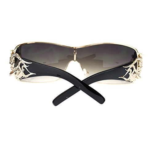 SA106 Womens Coy Metal Jewel Designer Fashion Shield Warp Sunglasses Black Gold - Image 5