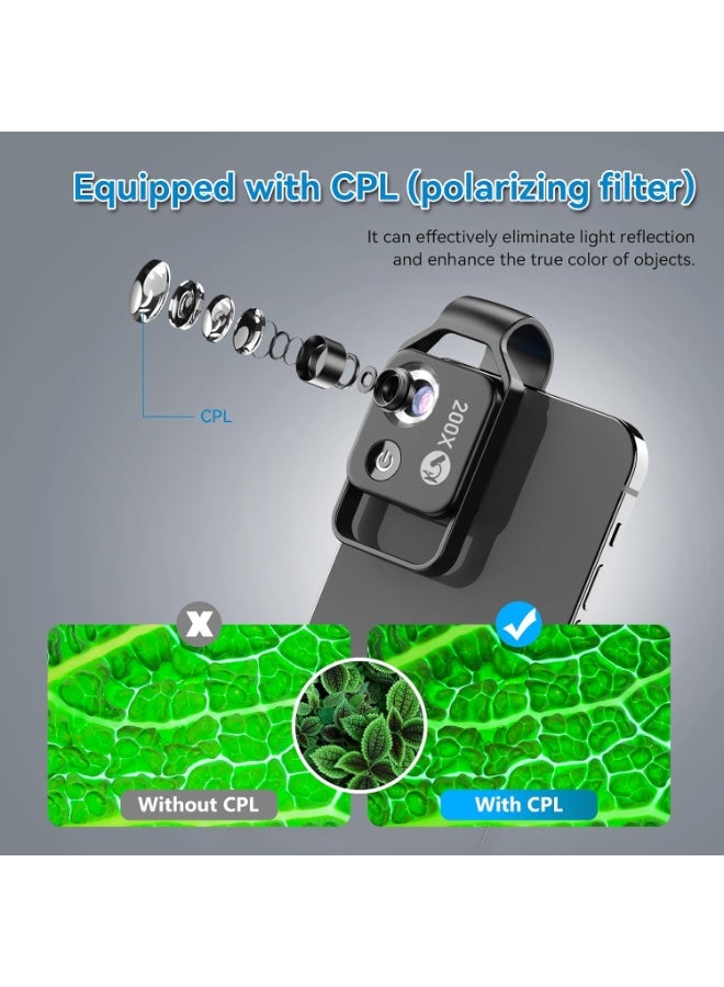 ميكروسكوب هاتف APEXEL مع عدسة CPL / ضوء LED ، مرفق كاميرا ميكروسكوب جيب Nano Zoom 200X مع مقطع عالمي لمعظم هاتف iPhone / Andriod - أفضل هدية للاستمتاع بميكروولد للأطفال والكبار - Image 2