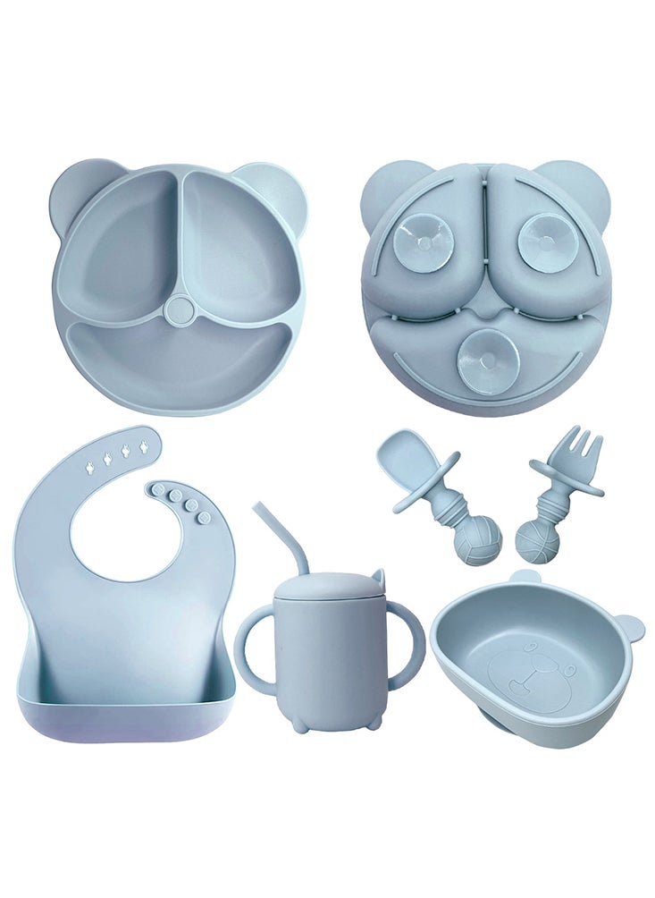 Perfii Complete 8-Pieces Silicone Baby Crockery Set, BPA Free Baby Tableware Set with Soft Silicone Bib and Utensils  - Image 1