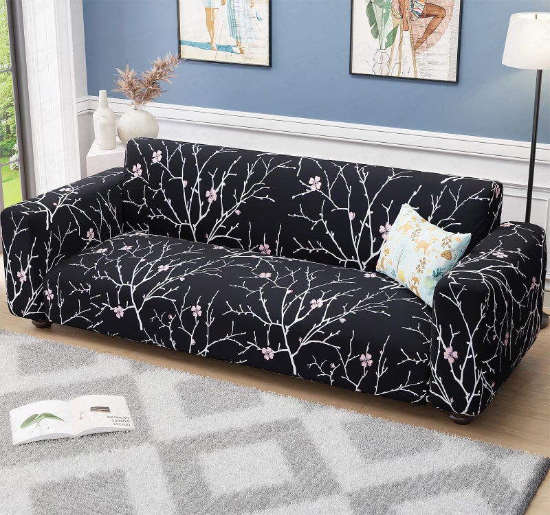 Lukzer 2 Seater Black Stem Universal Sofa Cover | 360° Fully Covered Anti-Slip Washable Couch Cover Protecter | 140 GSM Stretch Fit Polyester + Spandex Slipcover (140-180cm/SC-001-02) - Image 1