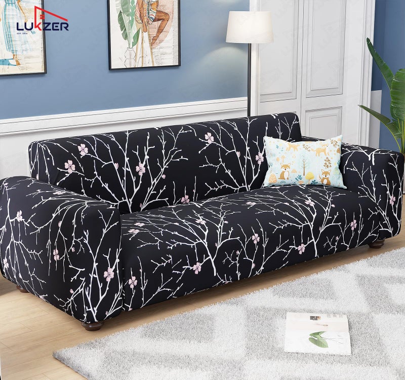 Lukzer 2 Seater Black Stem Universal Sofa Cover | 360° Fully Covered Anti-Slip Washable Couch Cover Protecter | 140 GSM Stretch Fit Polyester + Spandex Slipcover (140-180cm/SC-001-02) - Image 4