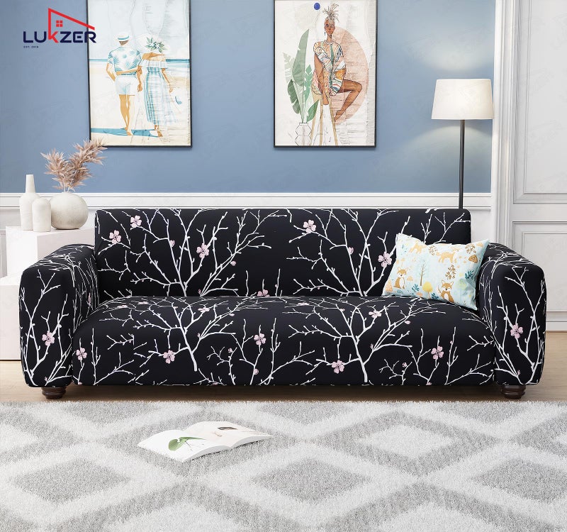 Lukzer 2 Seater Black Stem Universal Sofa Cover | 360° Fully Covered Anti-Slip Washable Couch Cover Protecter | 140 GSM Stretch Fit Polyester + Spandex Slipcover (140-180cm/SC-001-02) - Image 3