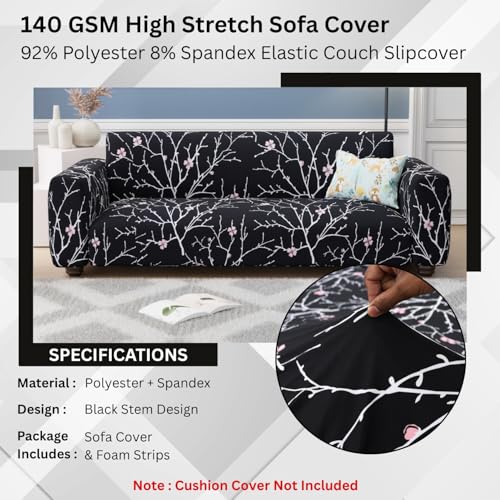 Lukzer 2 Seater Black Stem Universal Sofa Cover | 360° Fully Covered Anti-Slip Washable Couch Cover Protecter | 140 GSM Stretch Fit Polyester + Spandex Slipcover (140-180cm/SC-001-02) - Image 5