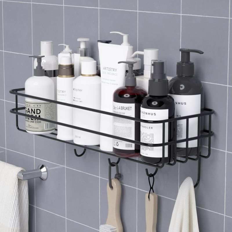 RD Enterprises Metal Wall Mount Shelves,Multi-Purpose Self Adhesive/Steel Wire Shelf for Bathroom & Kitchen with 4 Hooks and Magic Stickers,Storage Accessories- Powder Coated,Black[Pack of 1]  - Image 3