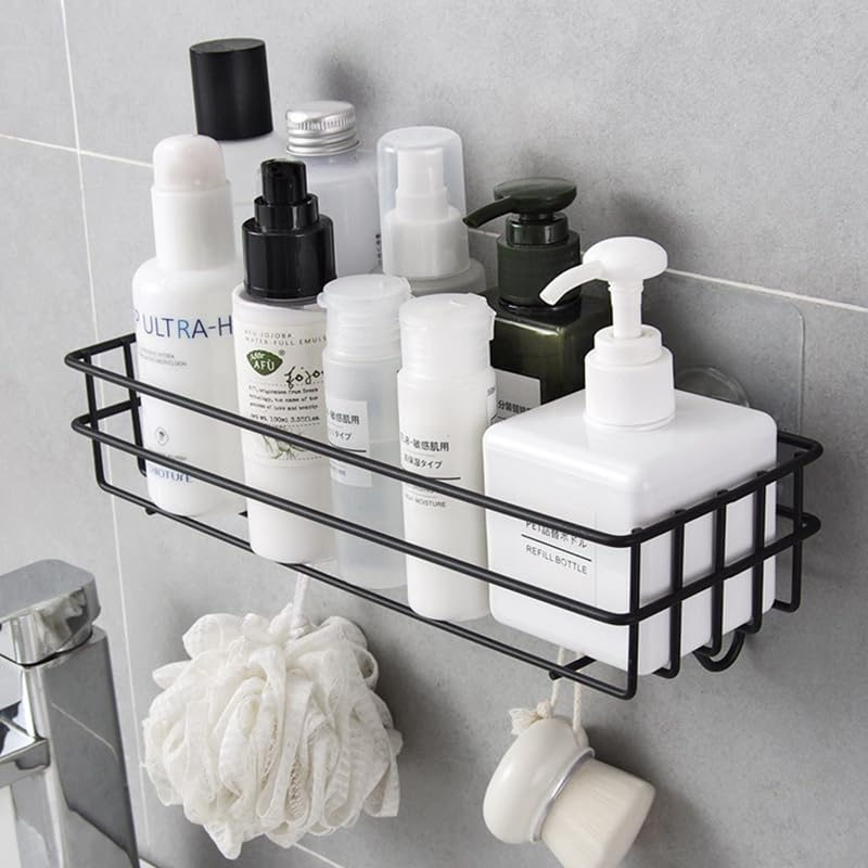 RD Enterprises Metal Wall Mount Shelves,Multi-Purpose Self Adhesive/Steel Wire Shelf for Bathroom & Kitchen with 4 Hooks and Magic Stickers,Storage Accessories- Powder Coated,Black[Pack of 1]  - Image 1