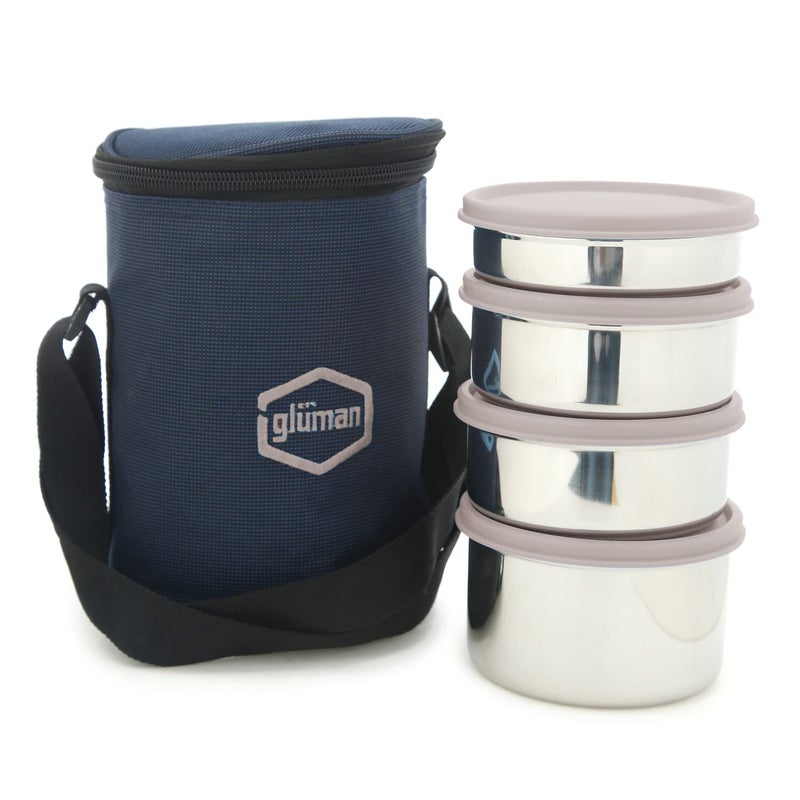 Gluman Steel Lunch Box 4 Steel Containers with BPAFree Lids 500 ml 350 ml 350 ml 250 ml Ideal for Office School College Leakproof Insulated with Fabric Bag Grey - Image 1