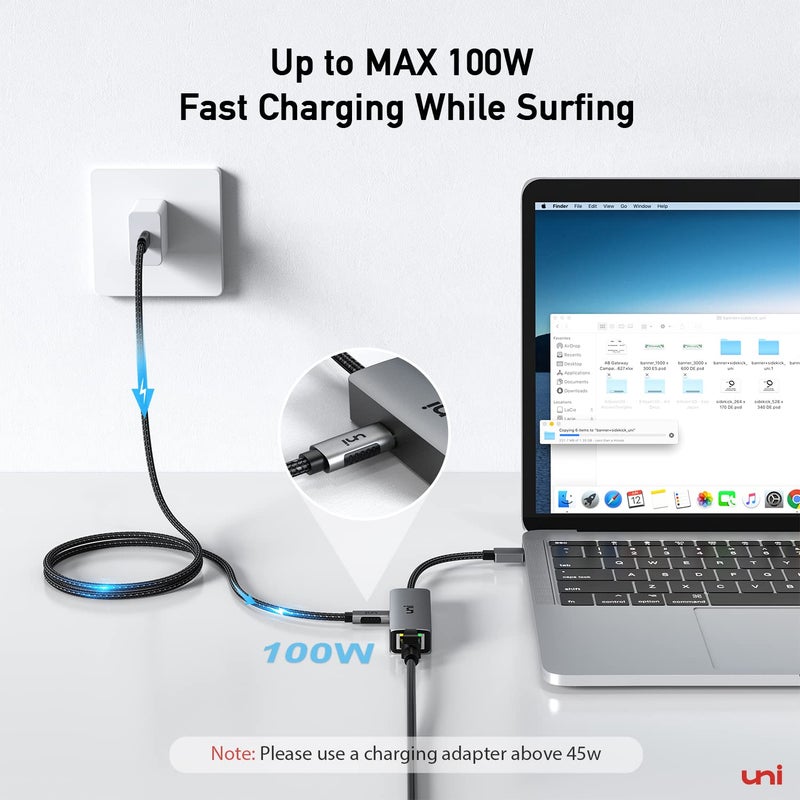 uni USB C to Ethernet Adapter with 100W Charging Port, RJ45 to USB C 1Gbps Type-C Gigabit Ethernet LAN Network Adapter Power Delivery PD for Laptop, MacBook Pro/Air, Dell XPS, Chromebook, Surface book - Image 3