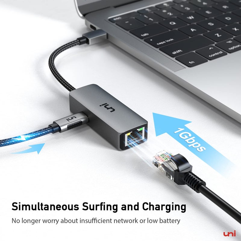uni USB C to Ethernet Adapter with 100W Charging Port, RJ45 to USB C 1Gbps Type-C Gigabit Ethernet LAN Network Adapter Power Delivery PD for Laptop, MacBook Pro/Air, Dell XPS, Chromebook, Surface book - Image 2