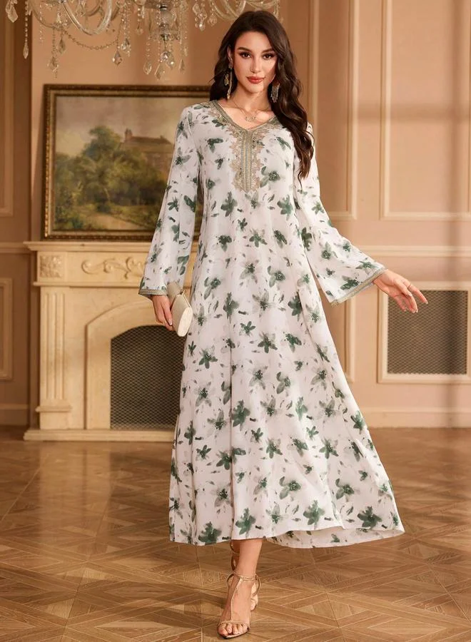 Take Two Floral Print Embroidered A-Line Jalabiya